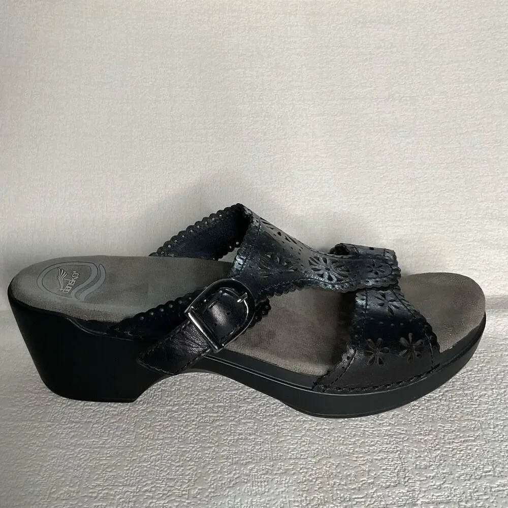 Dansko Sz 41 Sapphire Laser Cut  Black Slip-On Sandals 10,5-11 Buckle Wedge Heel